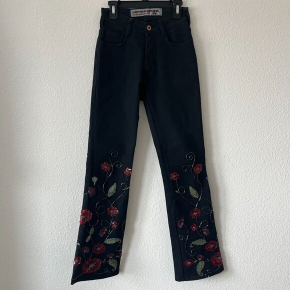 Parasuco Sequin Beaded Embellished Floral Black Flare Jeans Size 24 Vintage Y2K - Picture 1 of 7